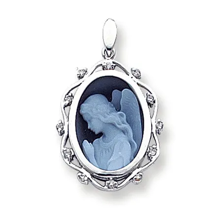 0.1 Carat 14K White Gold Diamond 12x16mm Guardian Angel Agate Cameo Pendant