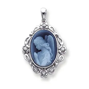 0.1 Carat 14K White Gold Diamond Guardian Angel Agate Cameo Pendant