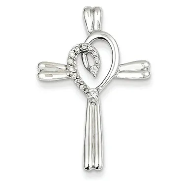 0.1 Carat 14K White Gold Diamond Heart Cross Pendant