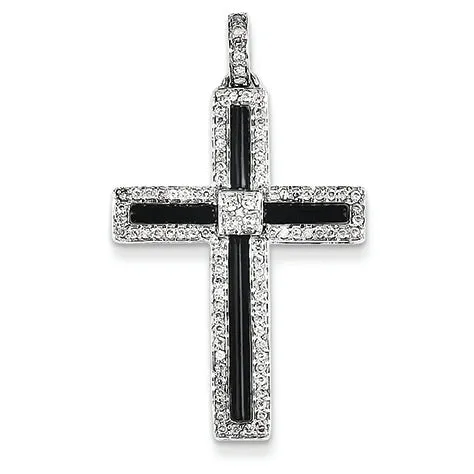0.4 Carat 14K White Gold Diamond & Onyx Cross Pendant