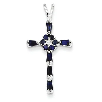 1 Carat 14K White Gold Diamond & Sapphire Cross Pendant