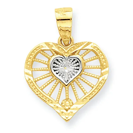 10K Gold & Rhodium Heart w-Cross Charm