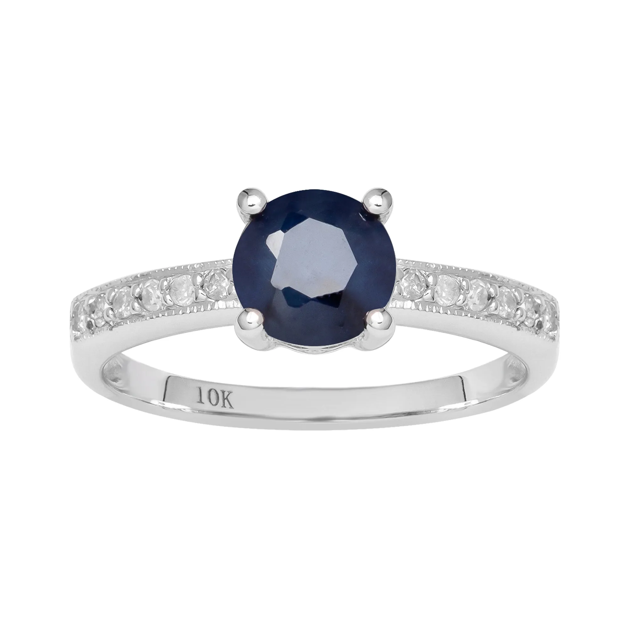 10k White Gold Classic Genuine Round Sapphire and Diamond Ring