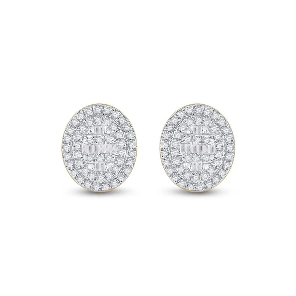 10kt Yellow Gold Baguette and Round Diamond Oval Cluster Earrings 3/8 Cttw