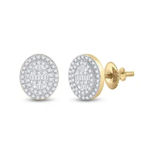 10kt Yellow Gold Baguette and Round Diamond Oval Cluster Earrings 3/8 Cttw