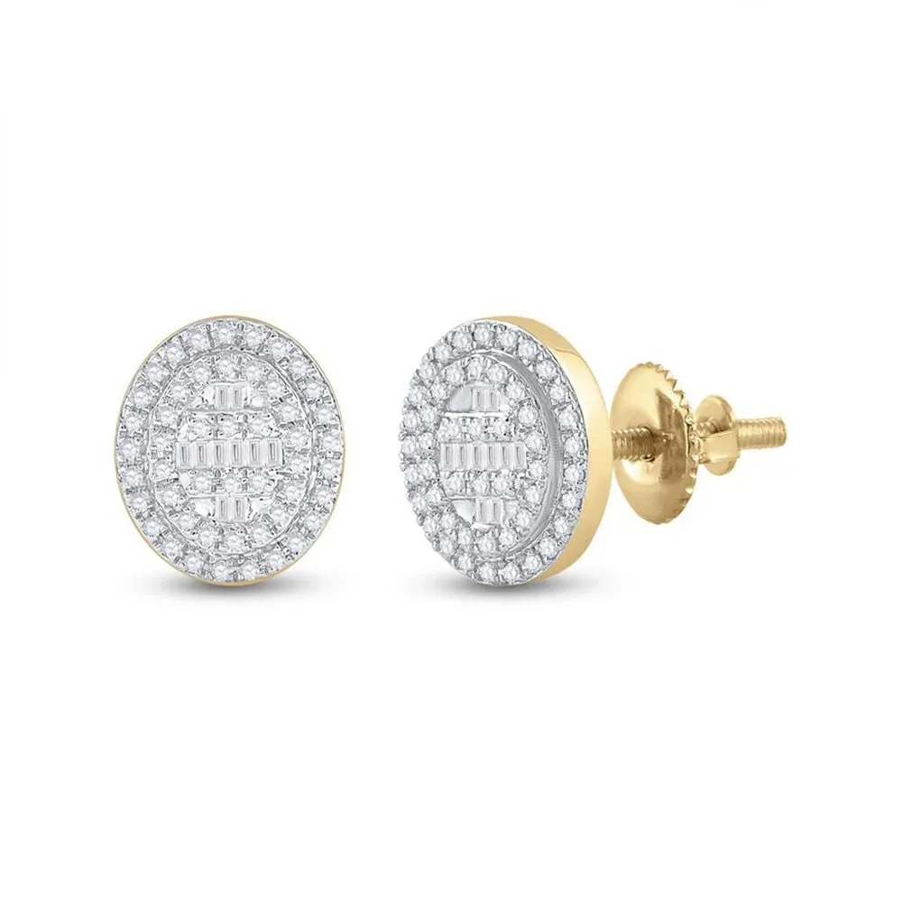 10kt Yellow Gold Baguette and Round Diamond Oval Cluster Earrings 3/8 Cttw