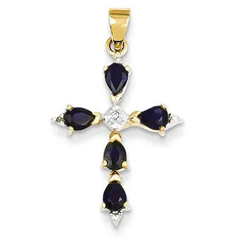 1.2 Carat 14K Gold Diamond & Sapphire Cross Pendant