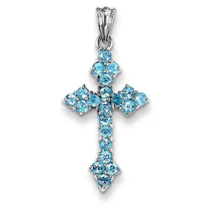 1.2 Carat 14K White Gold Blue Topaz Budded Cross Pendant