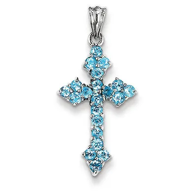 1.2 Carat 14K White Gold Blue Topaz Budded Cross Pendant