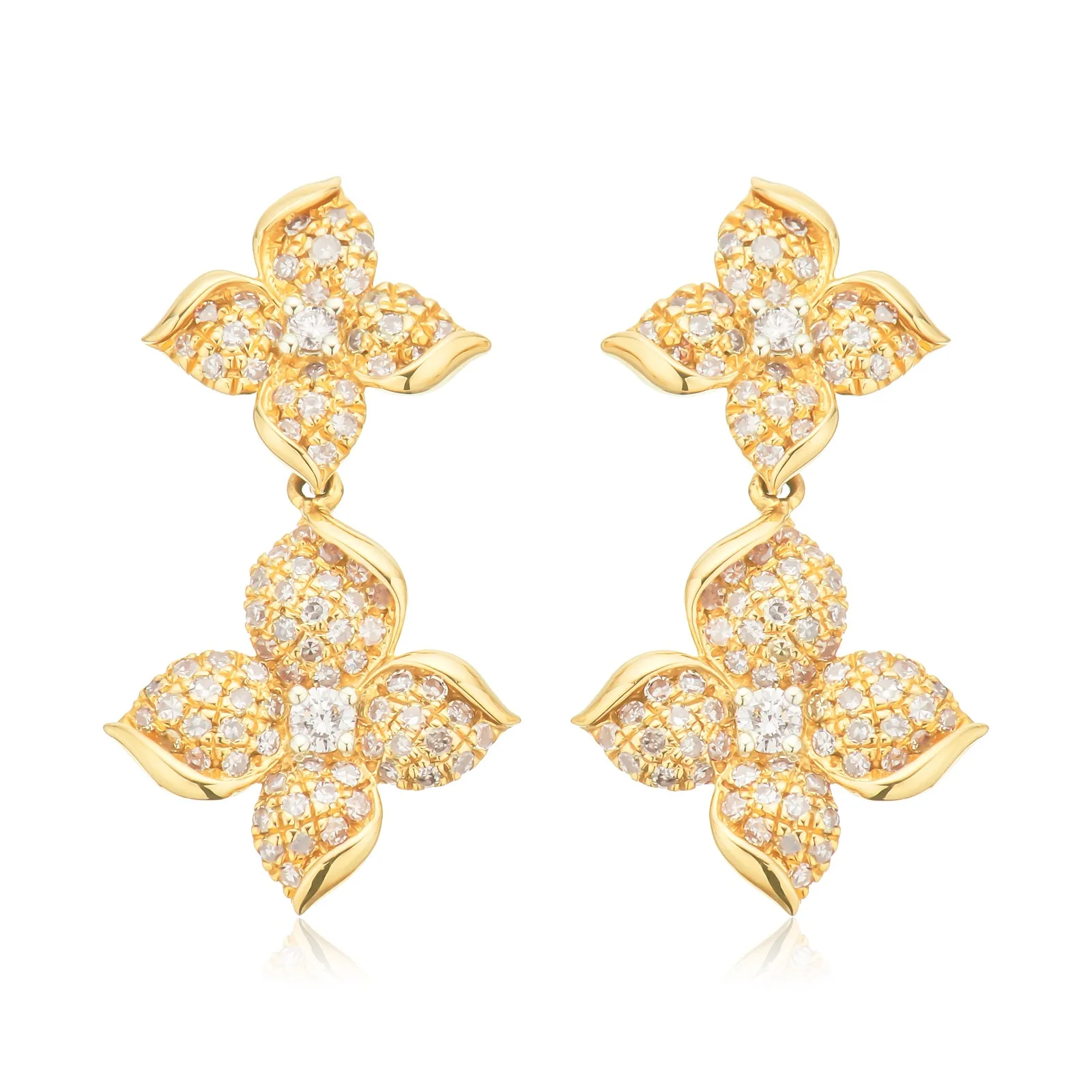 14ct Yellow Gold Round Brilliant Cut 0.75 Carat tw Diamond Double Flower Pendant