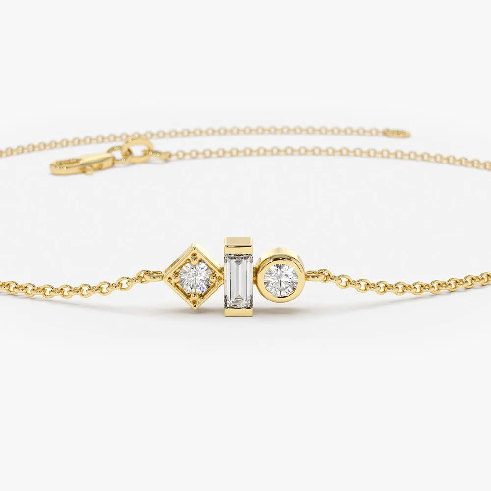 14K Gold Baguette and Round Diamond Mix Bracelet