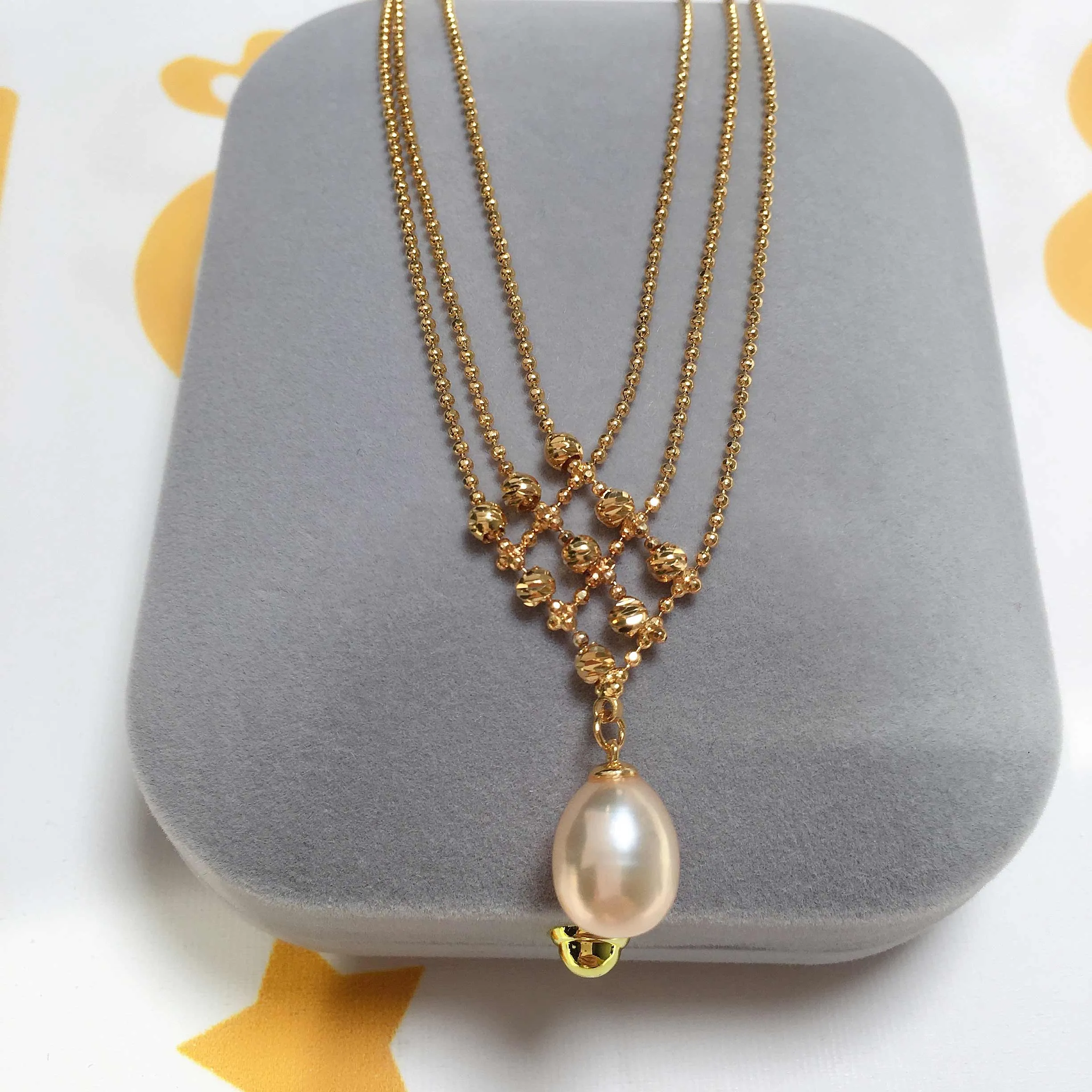 14K Gold Plated Multilayer Bead Chain Pendant 100% Freshwater Pearl Necklace