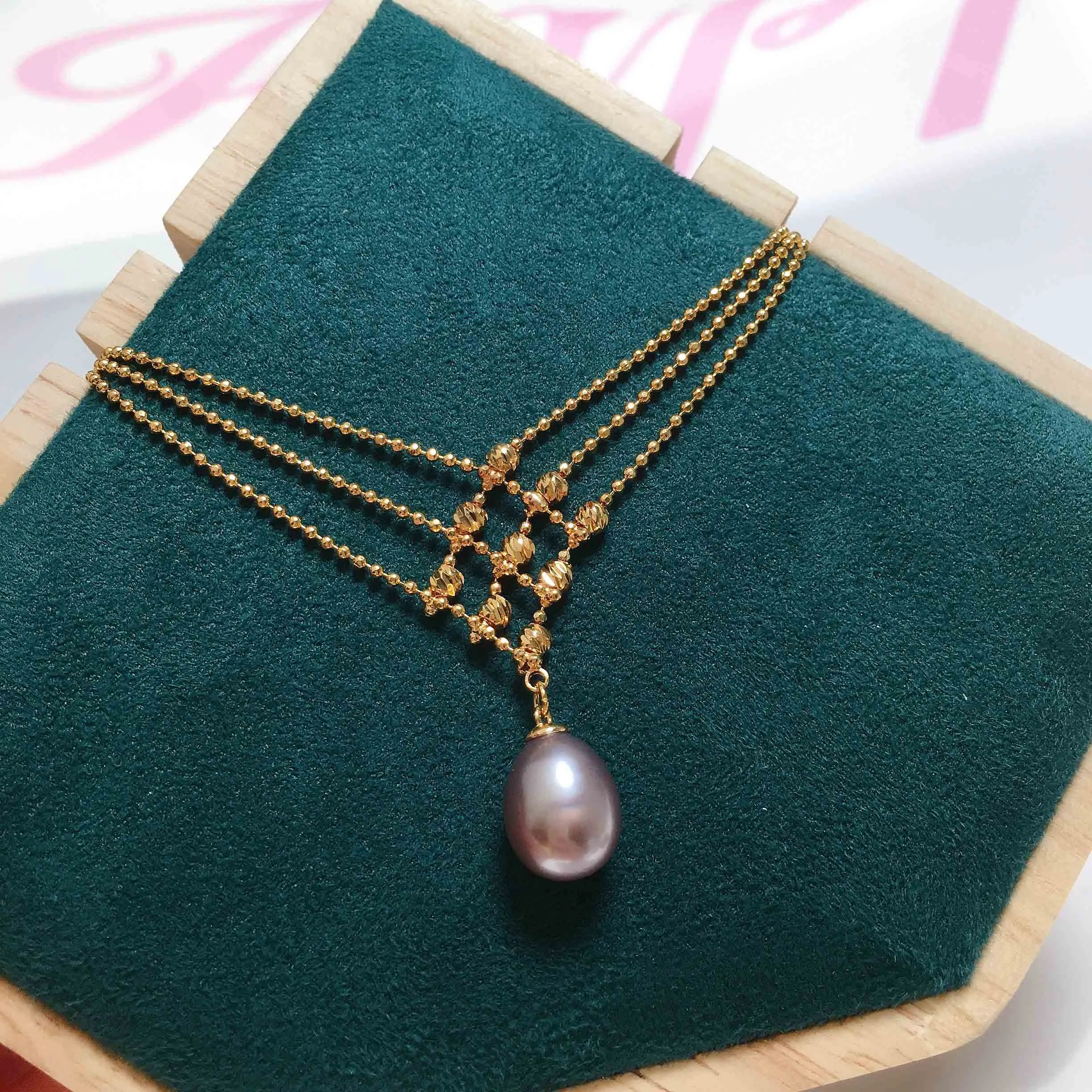14K Gold Plated Multilayer Bead Chain Pendant 100% Freshwater Pearl Necklace