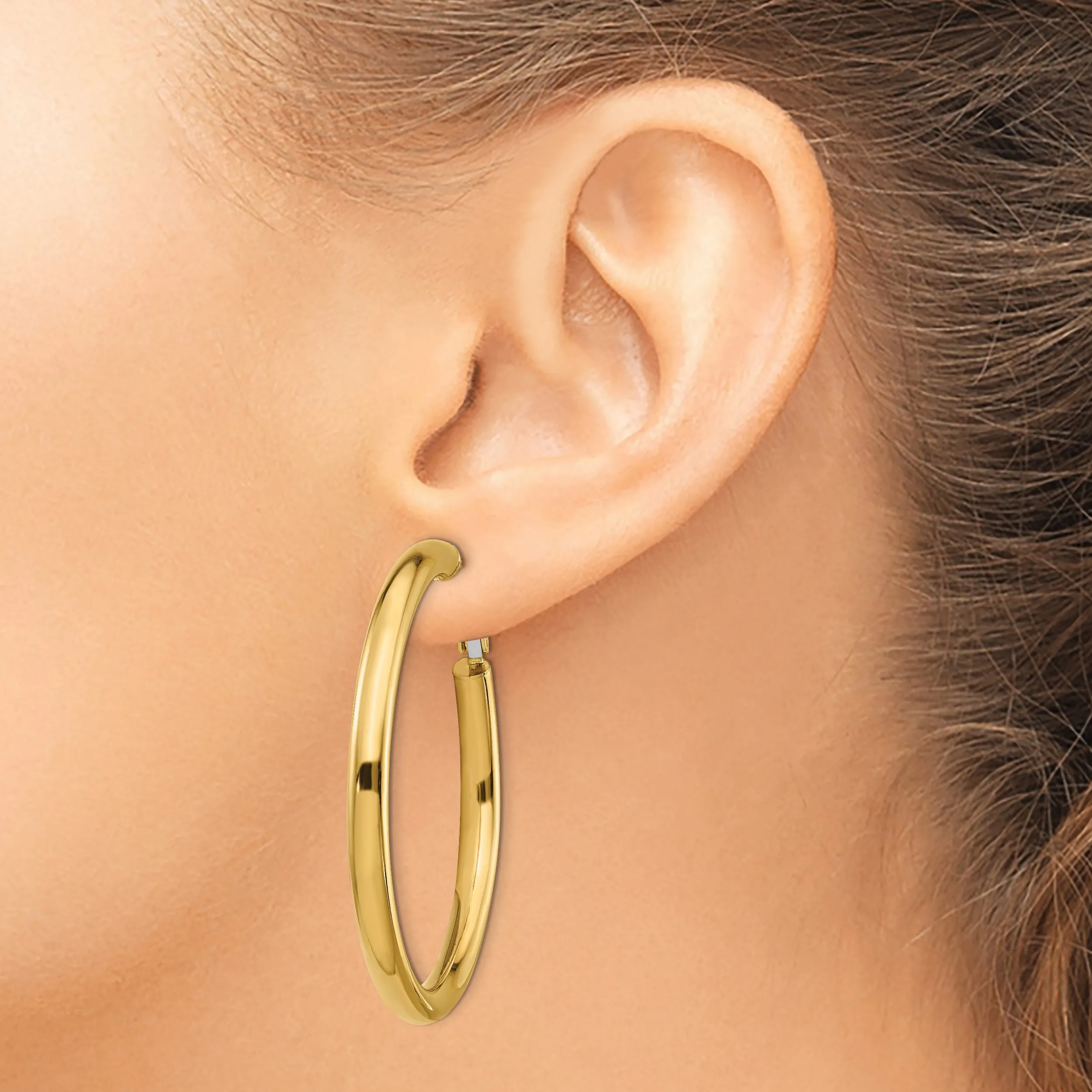 14K Gold Polished Hoop Earrings with 50mm Omega Back Design