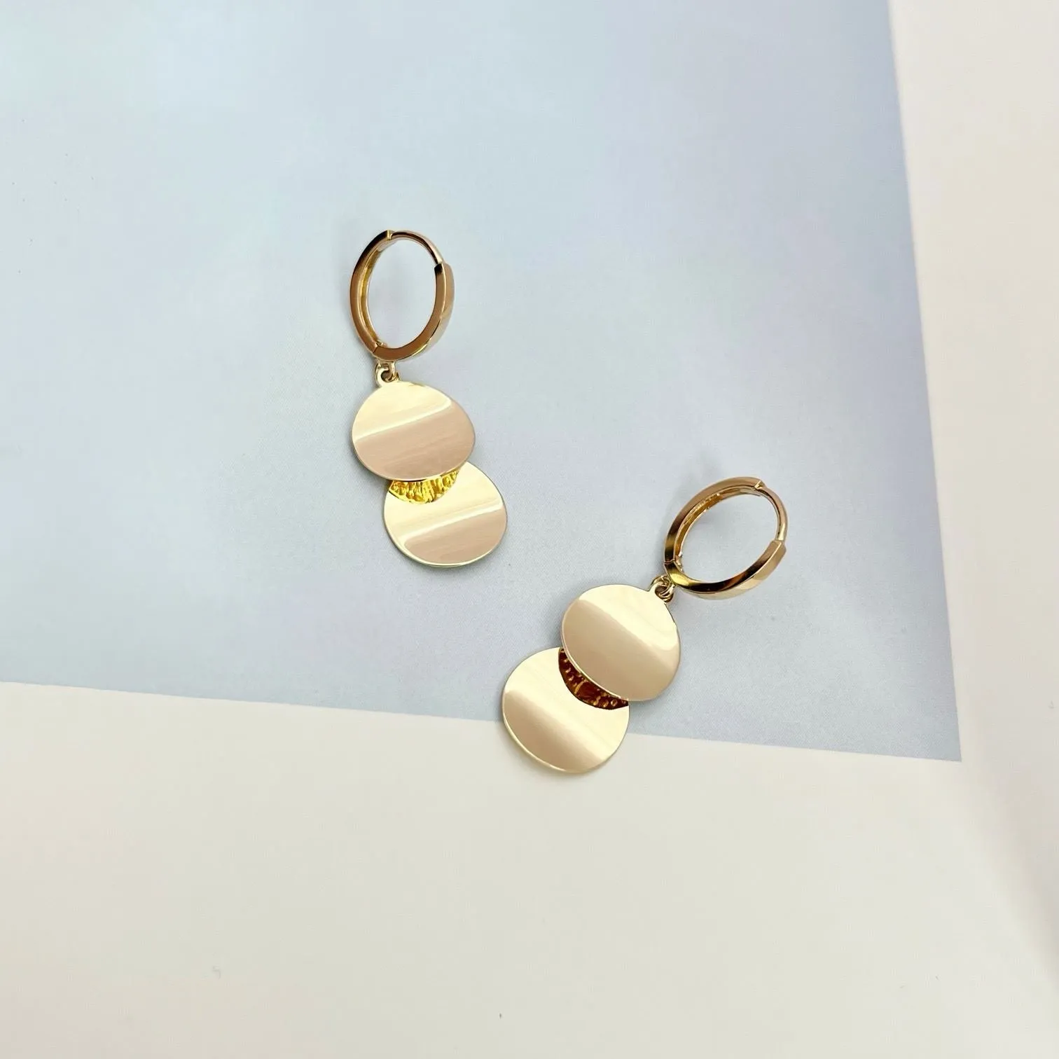 14k Solid Gold Duo Wavy Disc Drop Earrings