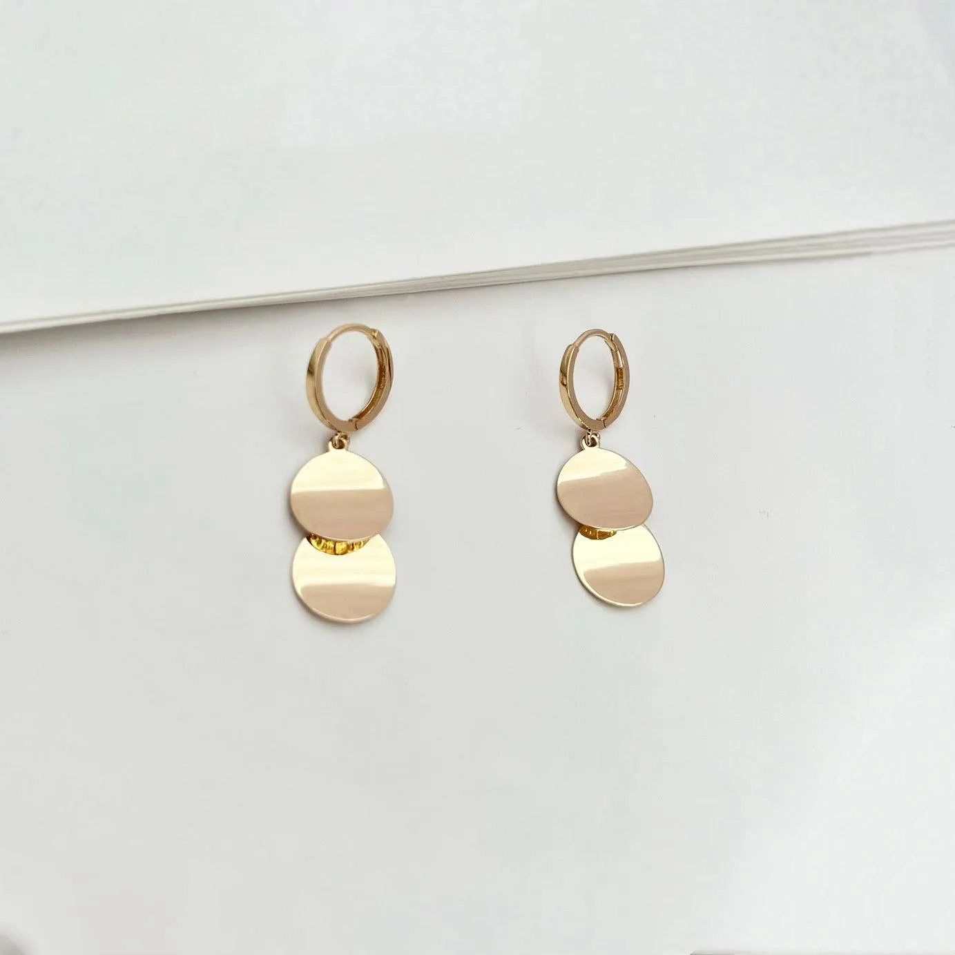 14k Solid Gold Duo Wavy Disc Drop Earrings