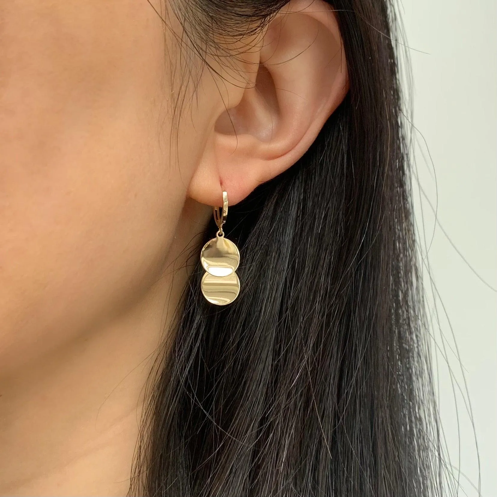 14k Solid Gold Duo Wavy Disc Drop Earrings