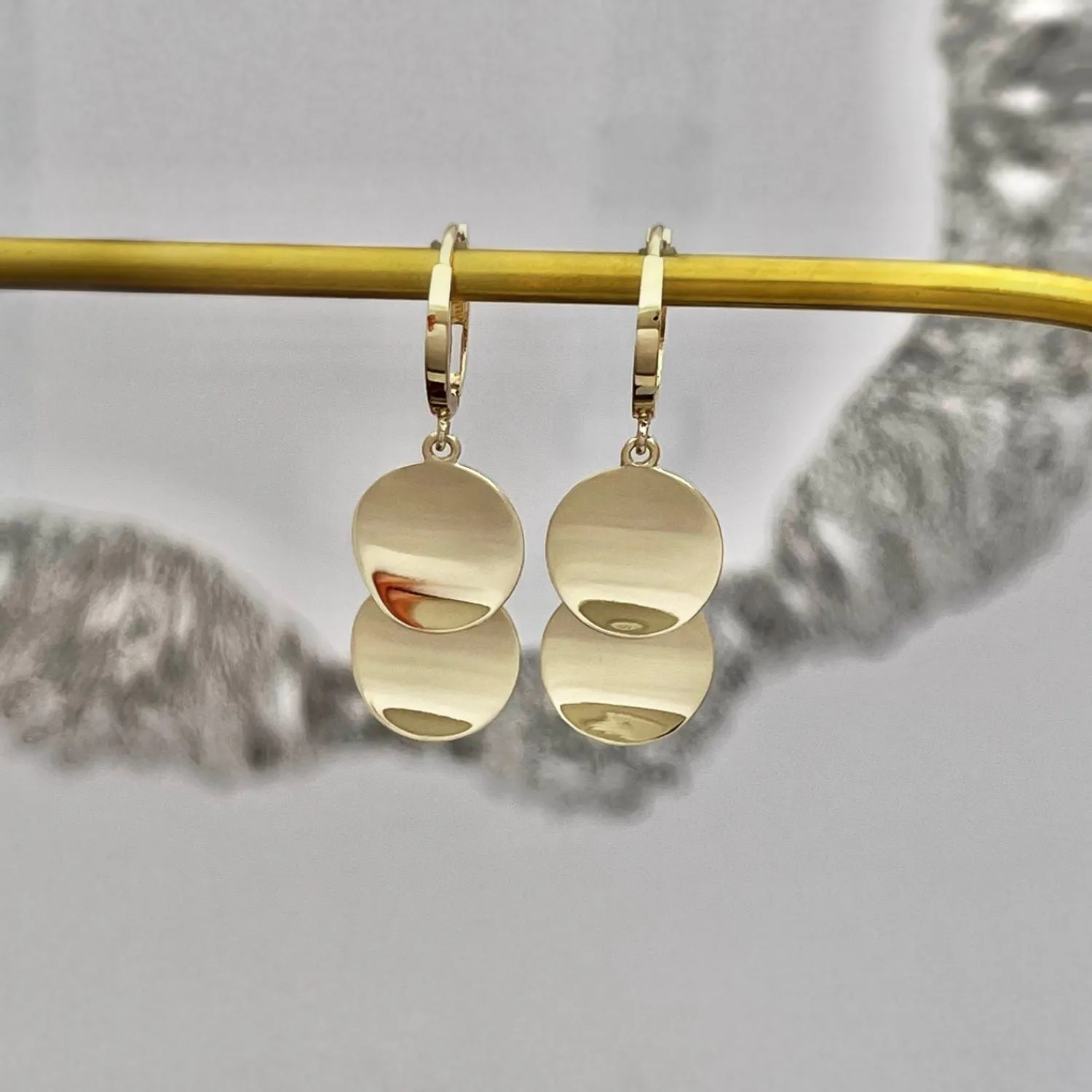 14k Solid Gold Duo Wavy Disc Drop Earrings