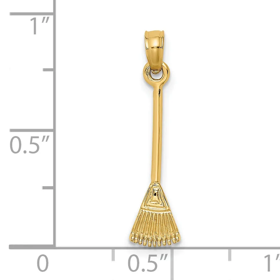 14K Yellow Gold Polished Finish 3-Dimensional Leaf Rake Garden Tool Charm Pendant
