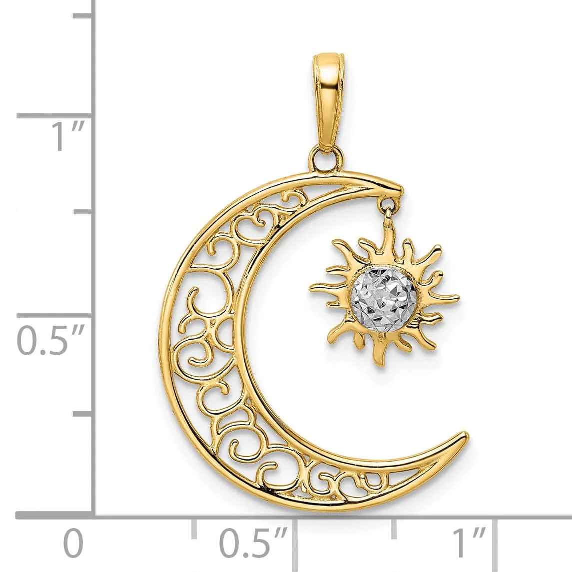 14k Yellow Gold White Rhodium Open Back Solid Diamond Cut Polished Finish Moon and Dangle Sun Charm Pendant