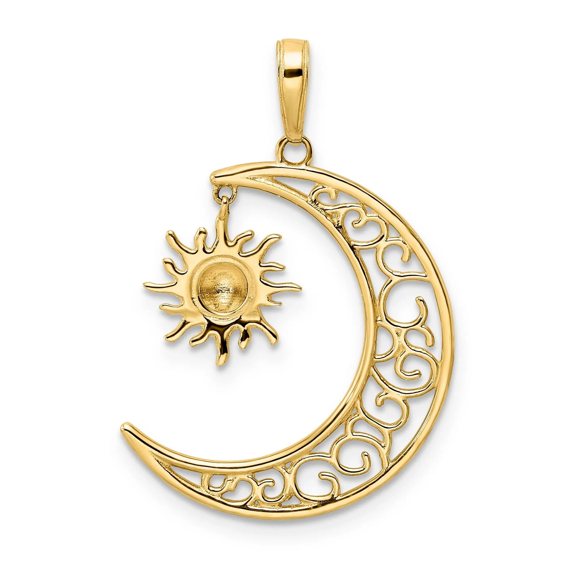 14k Yellow Gold White Rhodium Open Back Solid Diamond Cut Polished Finish Moon and Dangle Sun Charm Pendant