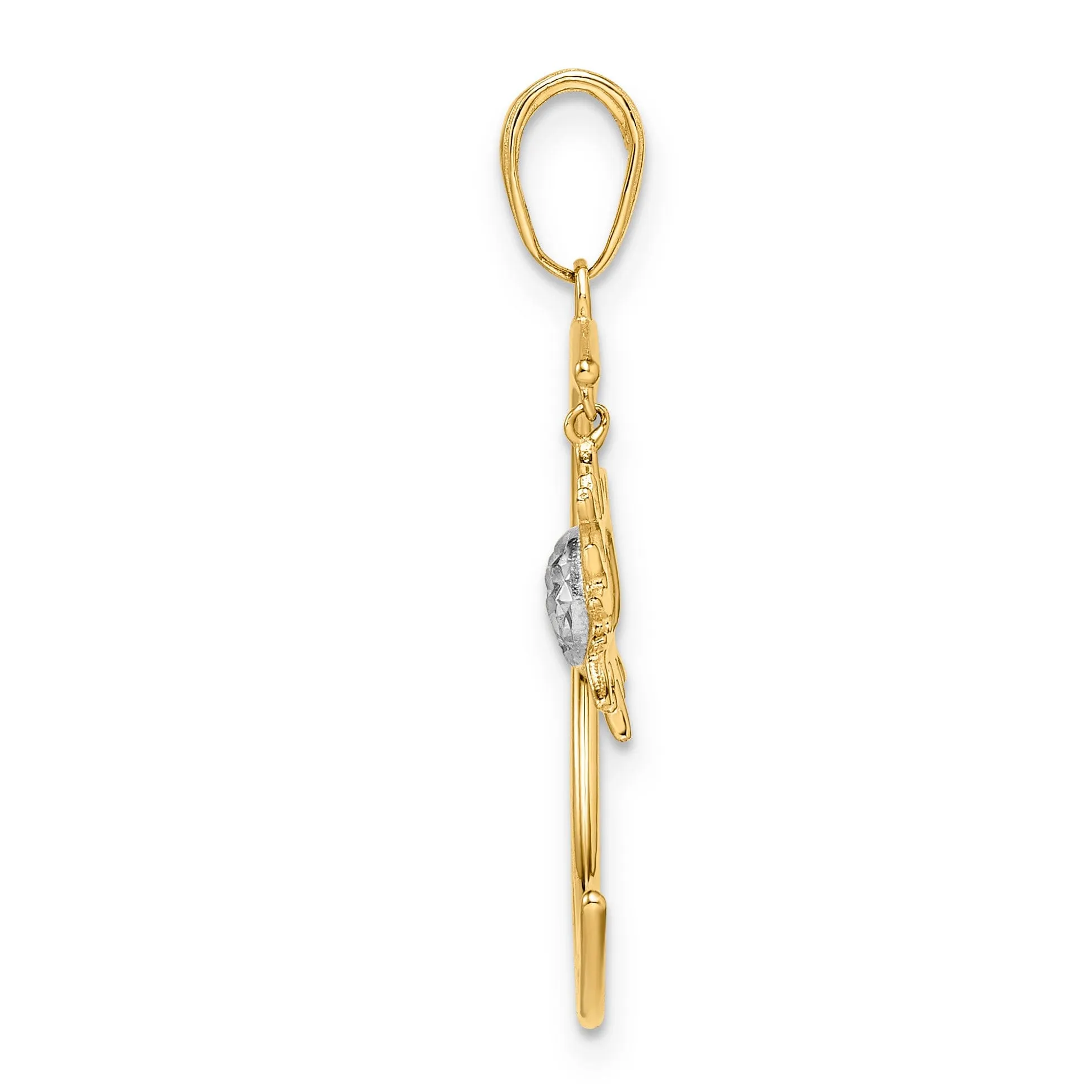 14k Yellow Gold White Rhodium Open Back Solid Diamond Cut Polished Finish Moon and Dangle Sun Charm Pendant