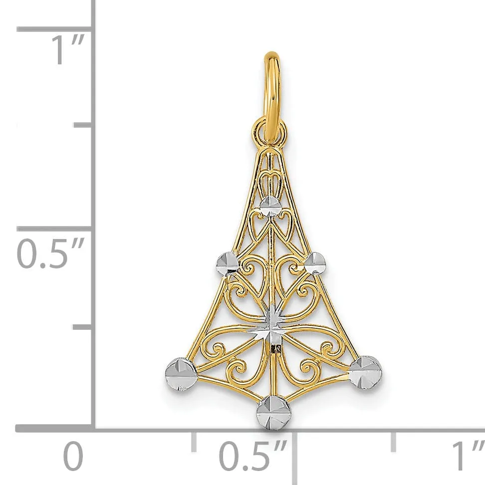 14K Yellow Gold, White Rhodium Polished Diamond Cut Finish Filigree Chandellier Design Pendant
