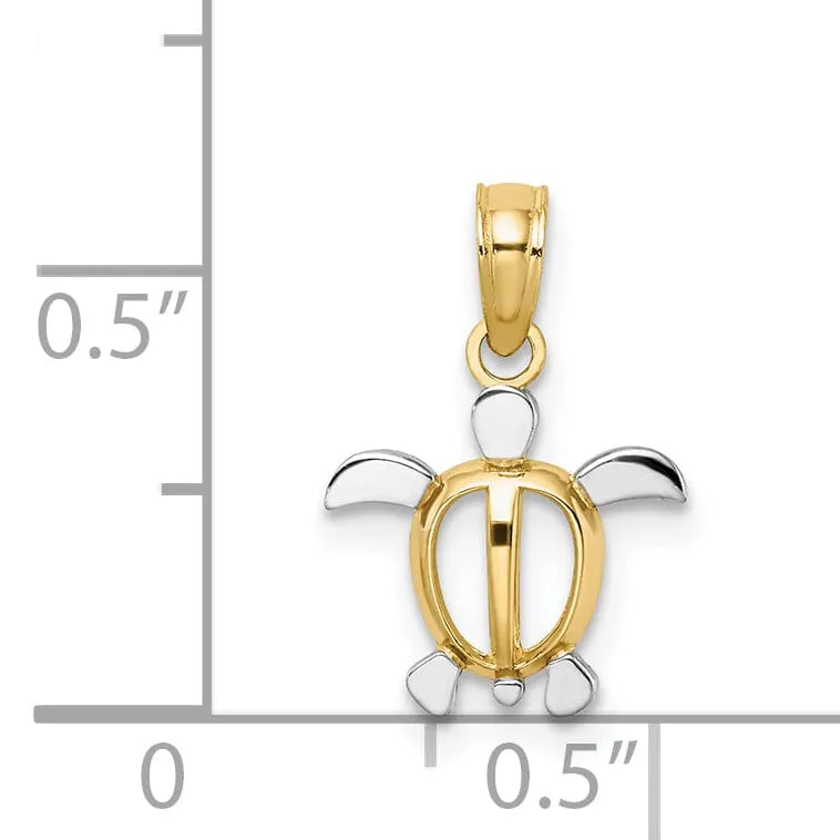 14k Yellow Gold with White Rhodium Casted Solid Polished Finish Sea Turtle Charm Pendant