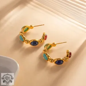 18K Gold C-Shaped Natural Stone Earrings
