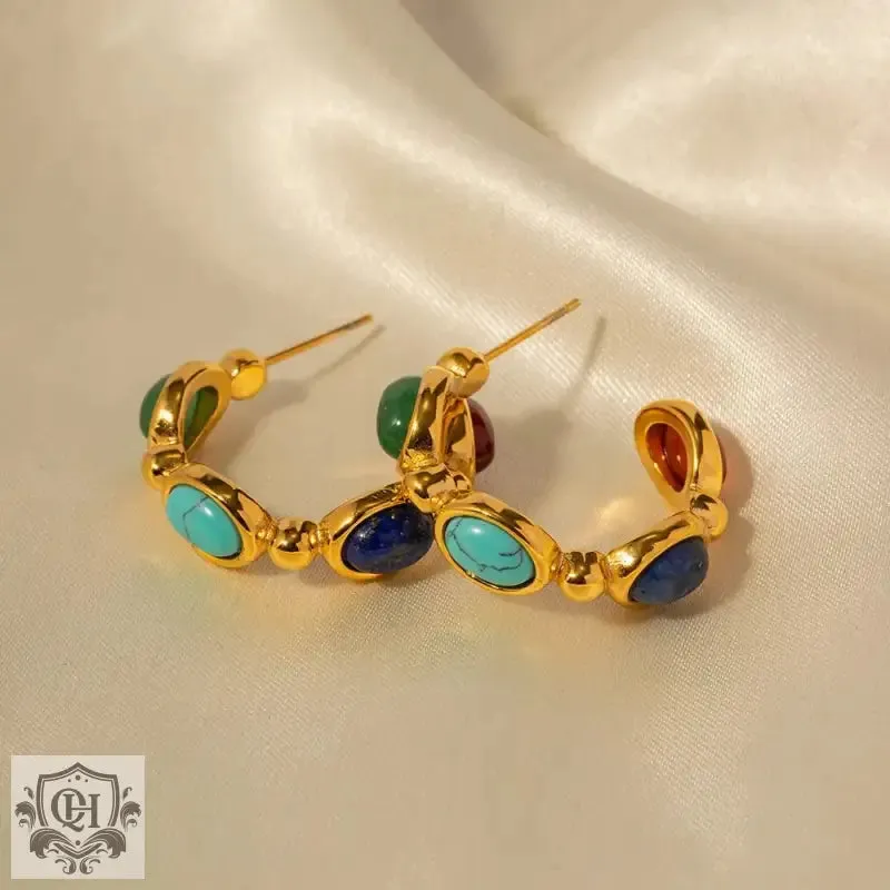 18K Gold C-Shaped Natural Stone Earrings