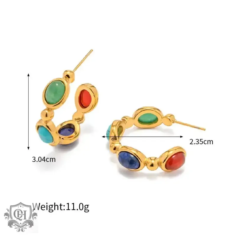 18K Gold C-Shaped Natural Stone Earrings