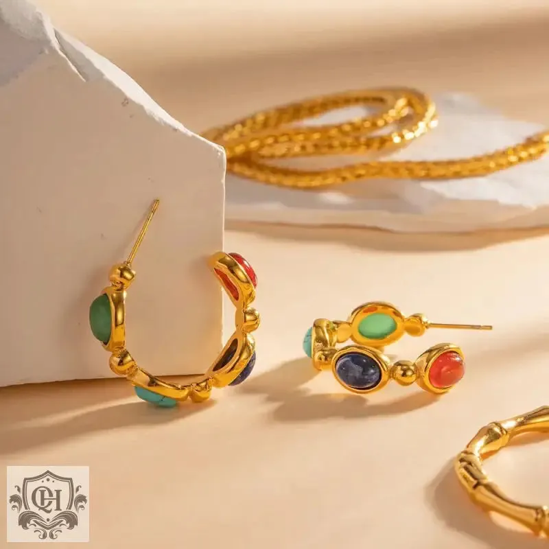 18K Gold C-Shaped Natural Stone Earrings