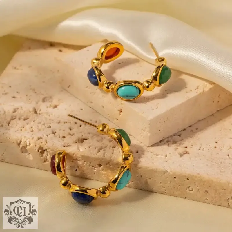 18K Gold C-Shaped Natural Stone Earrings