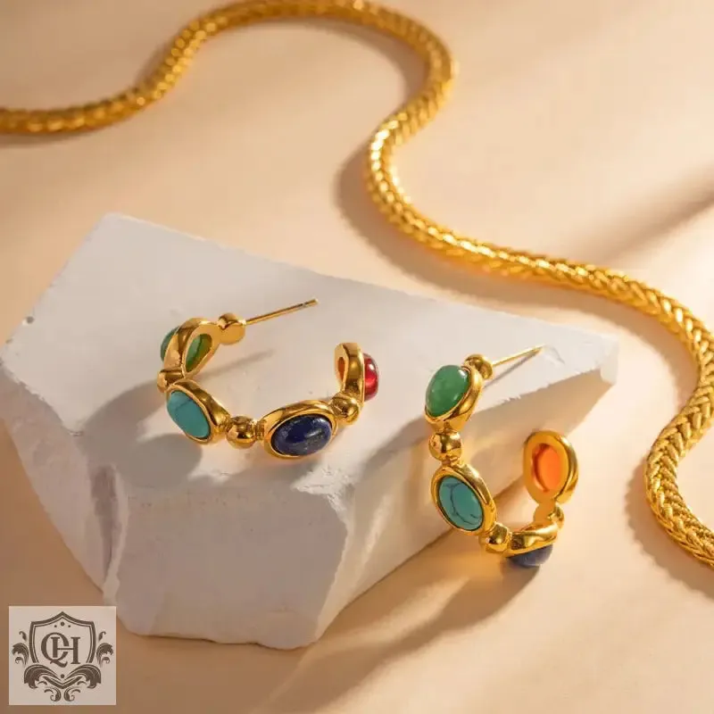 18K Gold C-Shaped Natural Stone Earrings
