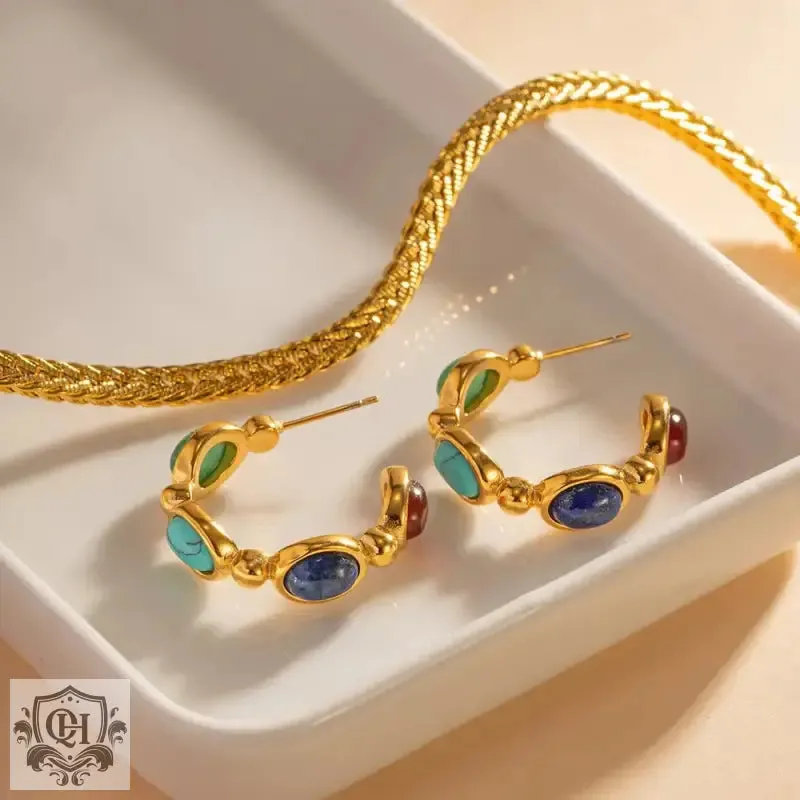 18K Gold C-Shaped Natural Stone Earrings
