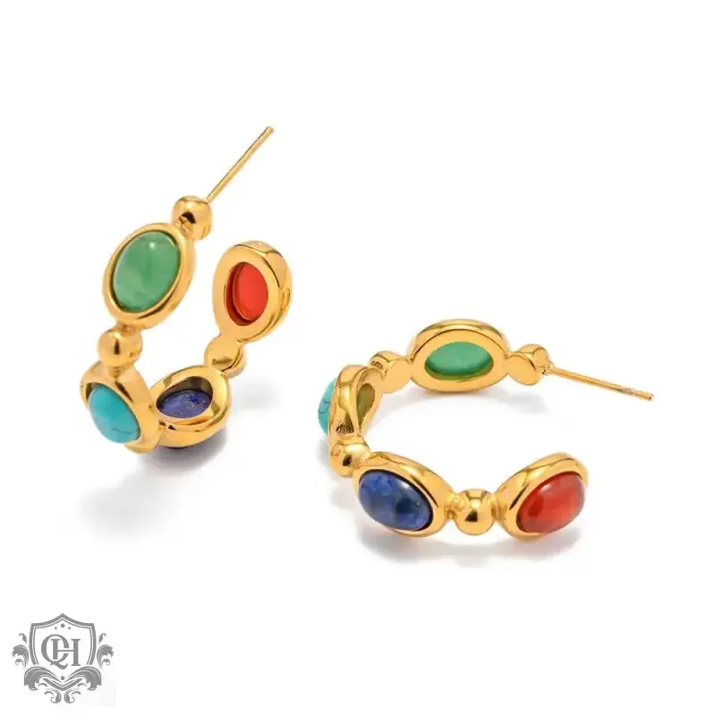 18K Gold C-Shaped Natural Stone Earrings
