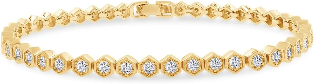 18K Gold Plated Honeycomb Tennis Bracelet | Gold Moissanite Bracelet for Women | Stacking Dainty Bracelet Size-6.5 Inch (1.26 Cttw)