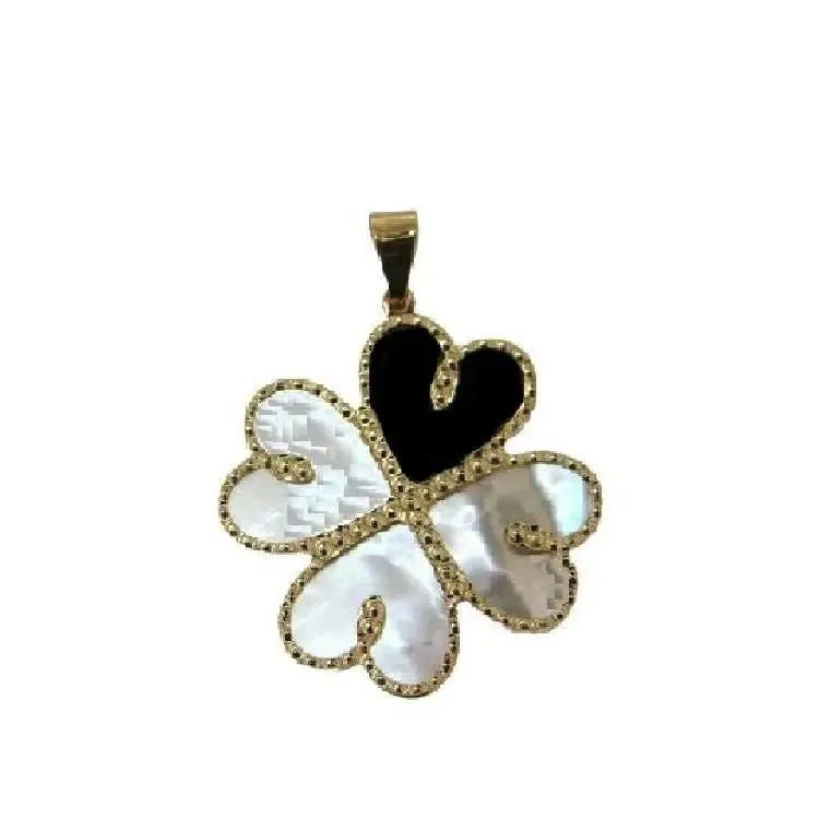18K Solid Gold Turquoise and Mother of Pearl Hearts Pendant