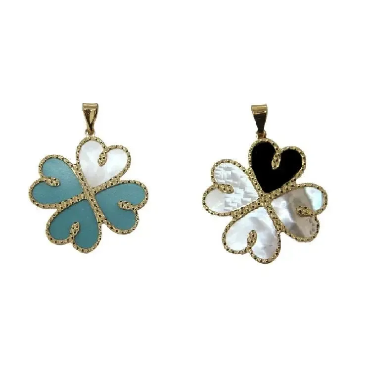 18K Solid Gold Turquoise and Mother of Pearl Hearts Pendant