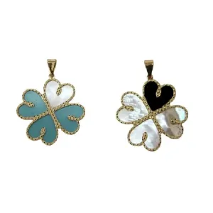 18K Solid Gold Turquoise and Mother of Pearl Hearts Pendant