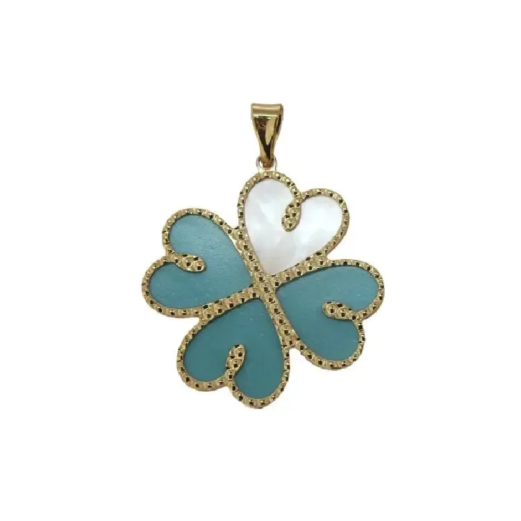 18K Solid Gold Turquoise and Mother of Pearl Hearts Pendant