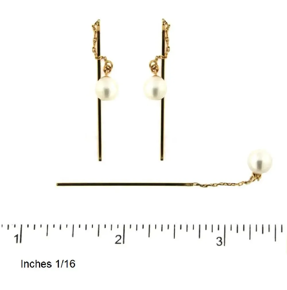 18K Solid Yellow Gold Cultivated Pearls Thread Earrings 