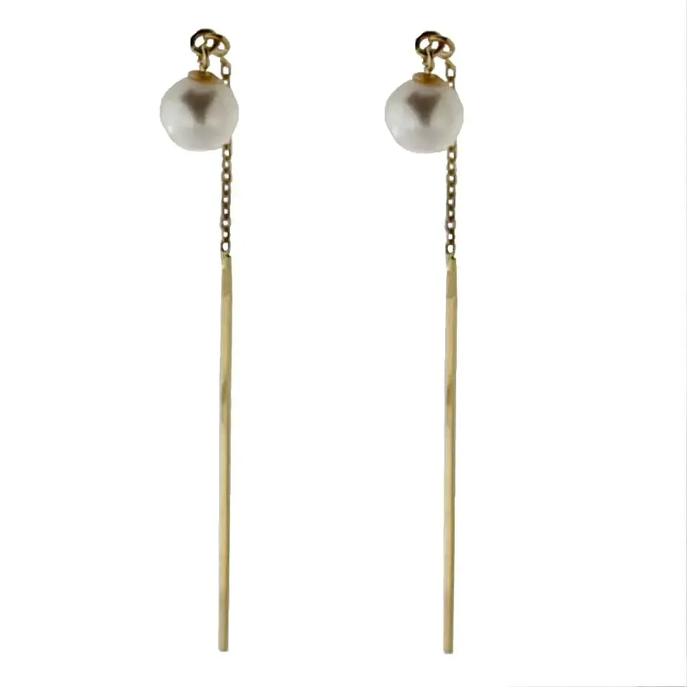 18K Solid Yellow Gold Cultivated Pearls Thread Earrings 
