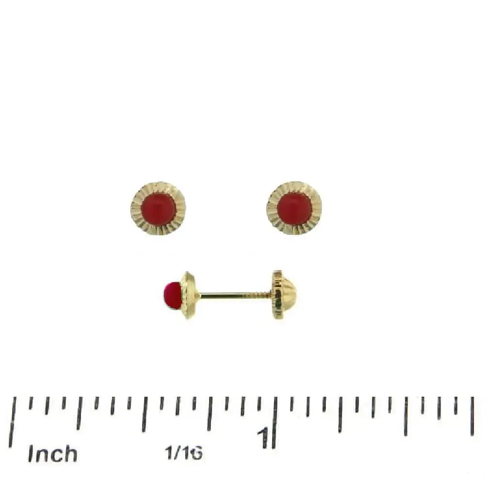 18K Solid Yellow Gold Diamond Cut Coral Covered Screwback Earrings