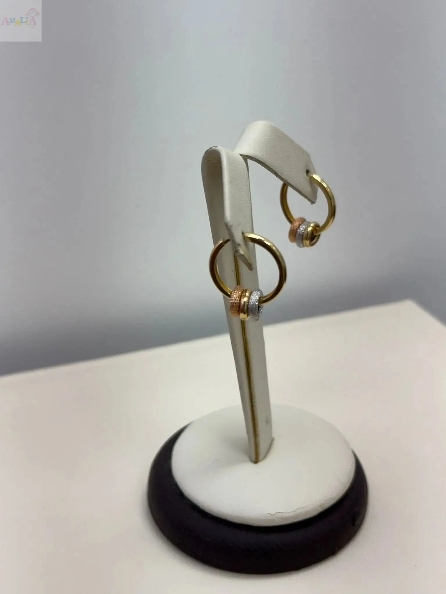 18K Tricolor Gold Donut Charms on Sleek Hinged Huggie Hoop Earrings