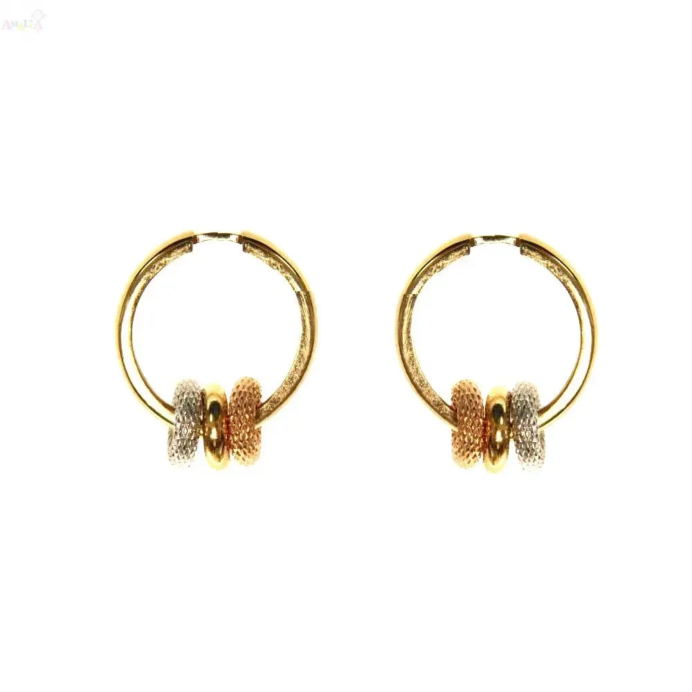 18K Tricolor Gold Donut Charms on Sleek Hinged Huggie Hoop Earrings