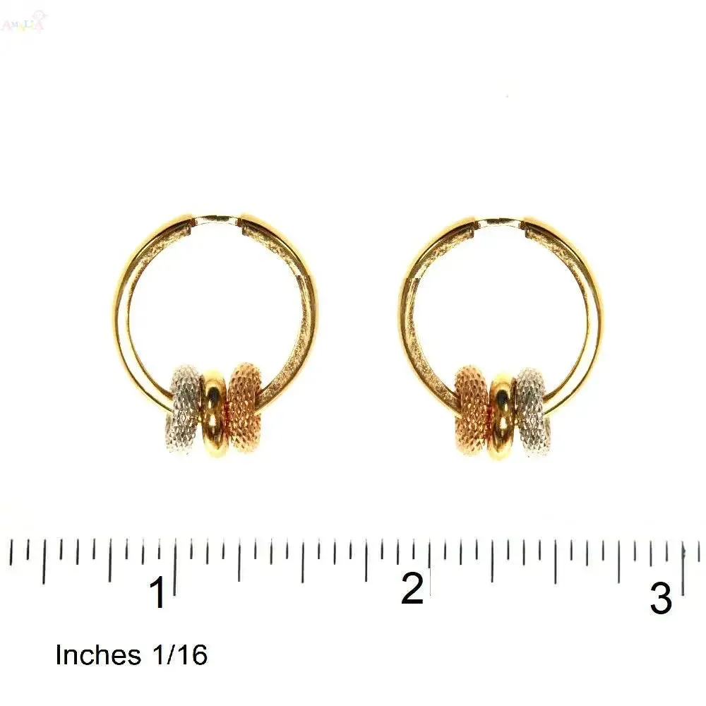 18K Tricolor Gold Donut Charms on Sleek Hinged Huggie Hoop Earrings