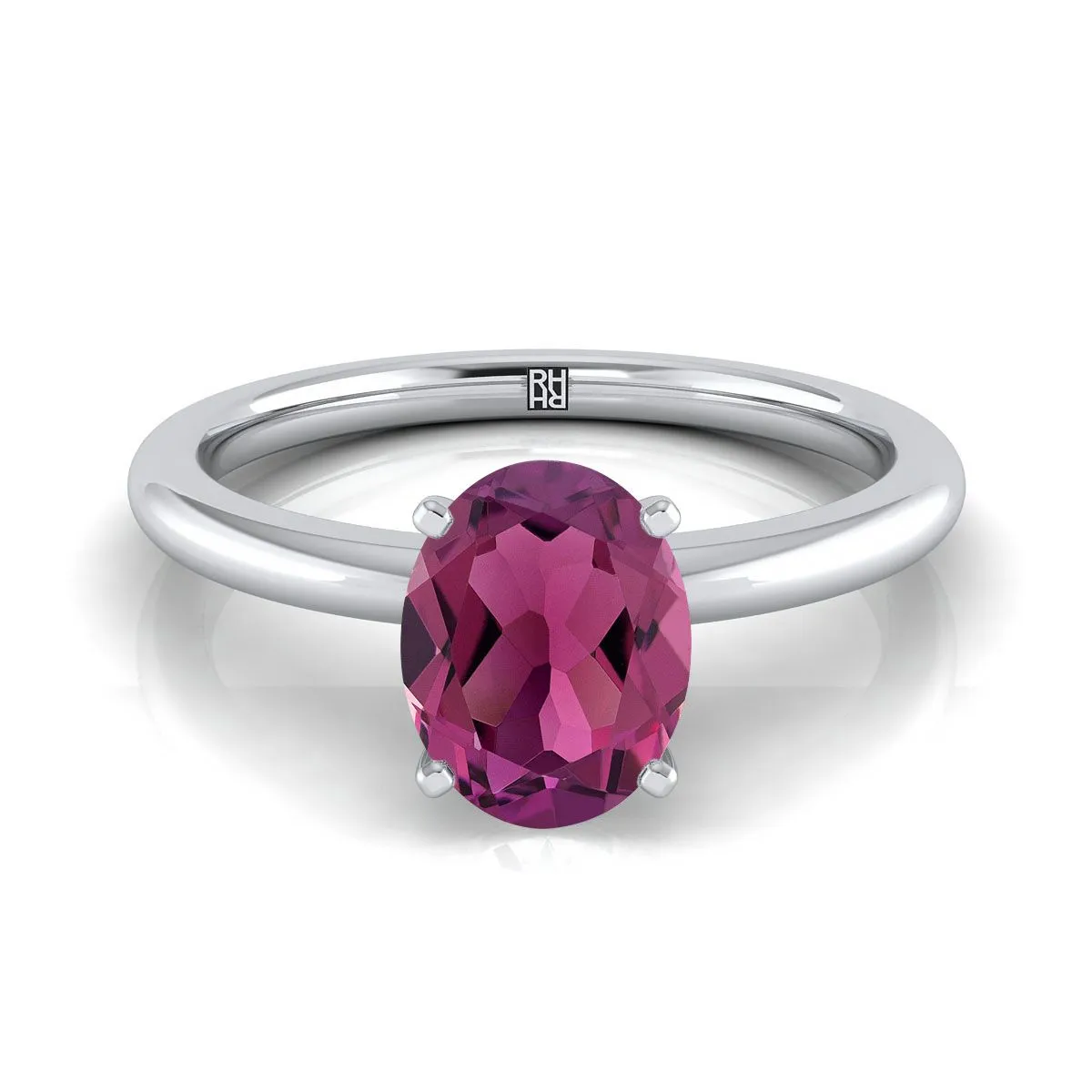 18K White Gold Oval Garnet Round Comfort Fit Claw Prong Solitaire Engagement Ring