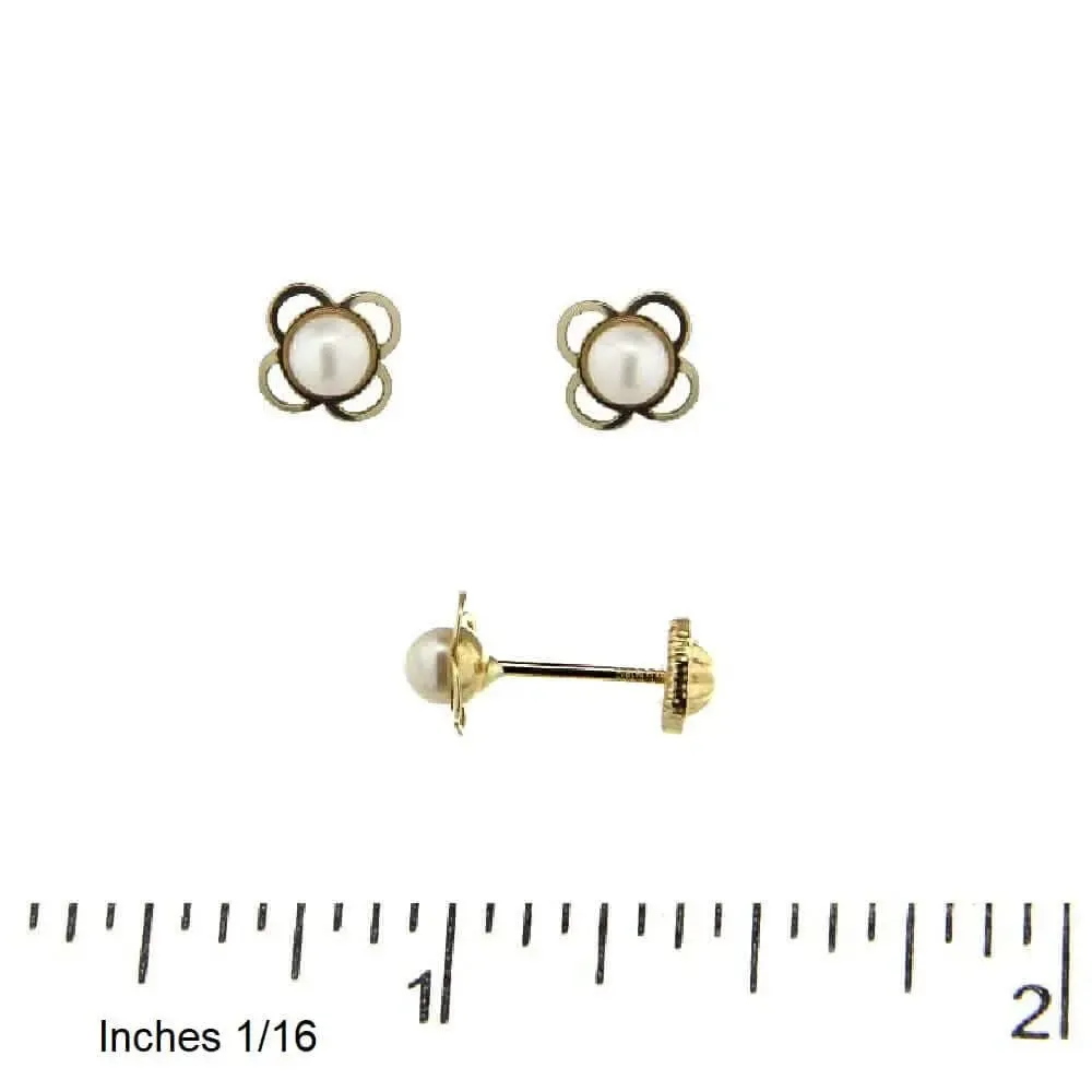 18K Yellow Gold Open Leaf Flower Pearl Screwback Earrings