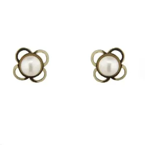 18K Yellow Gold Open Leaf Flower Pearl Screwback Earrings